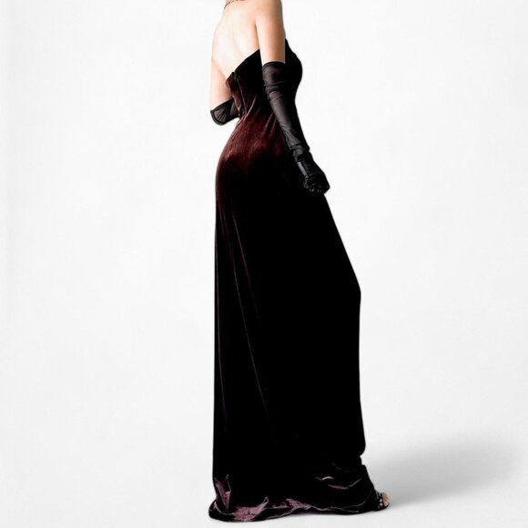 Vintage Brown Velvet Strapless Floral Beaded Sequin Maxi Bodycon Prom Dress M/L - Picture 4 of 7